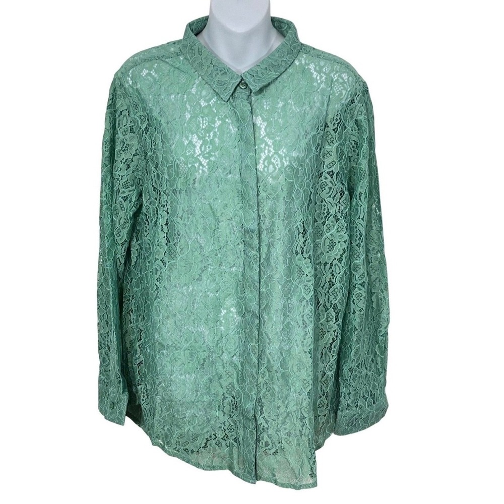 Wildfang The Empower Lace Button Up Shirt Sage‎ Green Floral Sheer Blouse Small